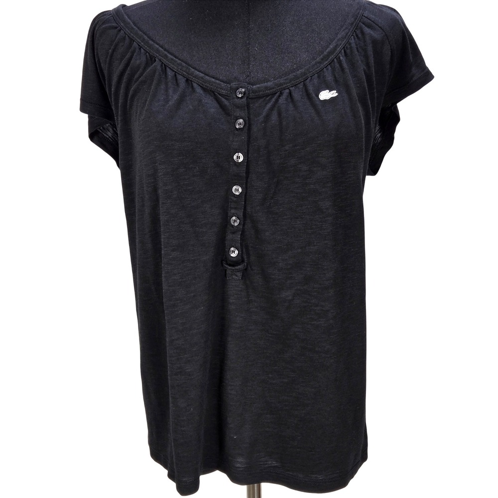 Women's Lacoste Size 38 Black Henley Short Sleeve Gathered Neck Cap Sleeve Top